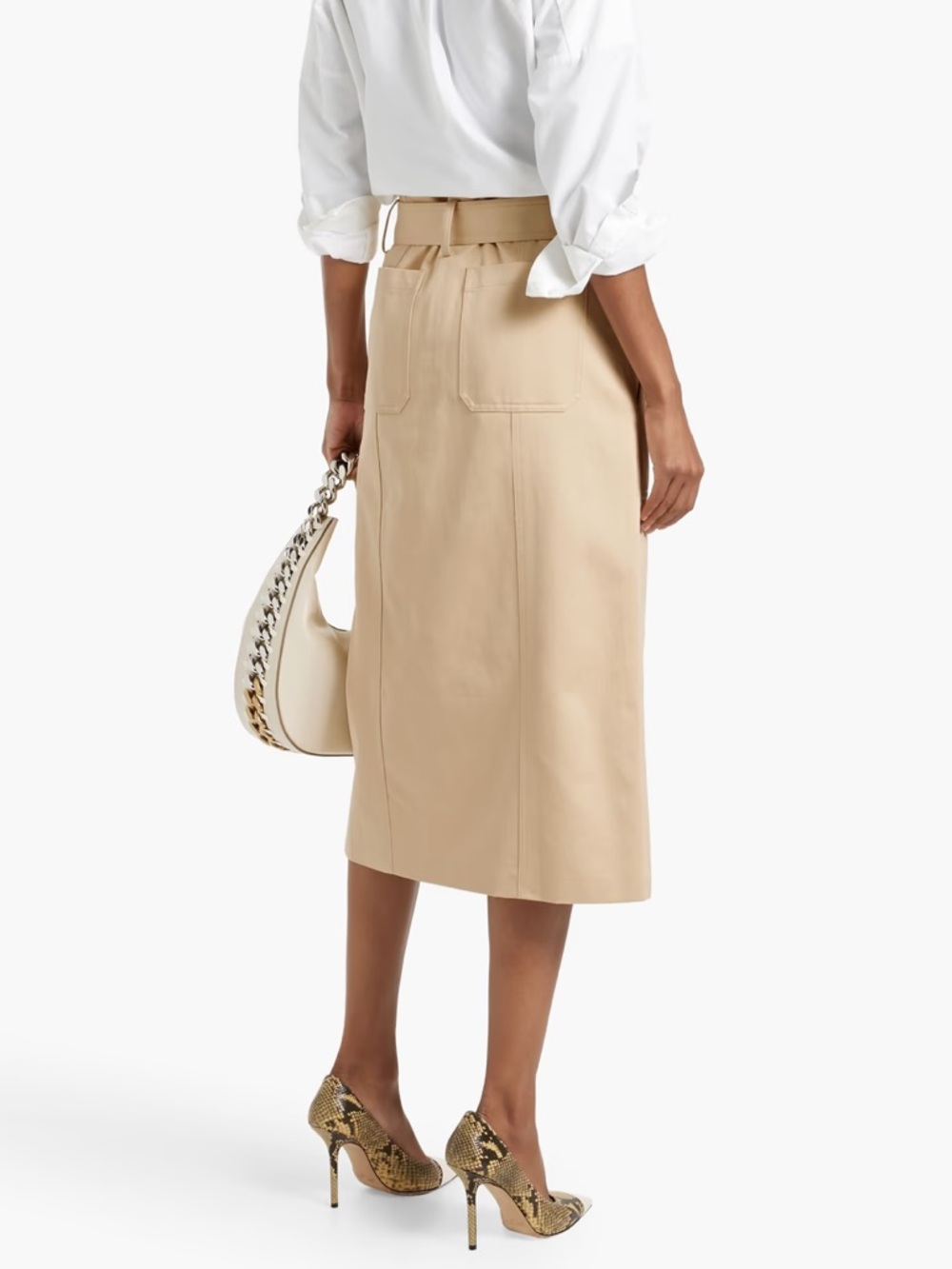 NWT A.L.C. Belted Cotton-Twill Midi Skirt in Latte Size 8 - Picture 4 of 16